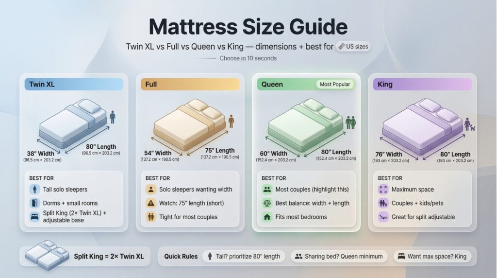 5) Size guide: Twin XL vs Full vs Queen vs King