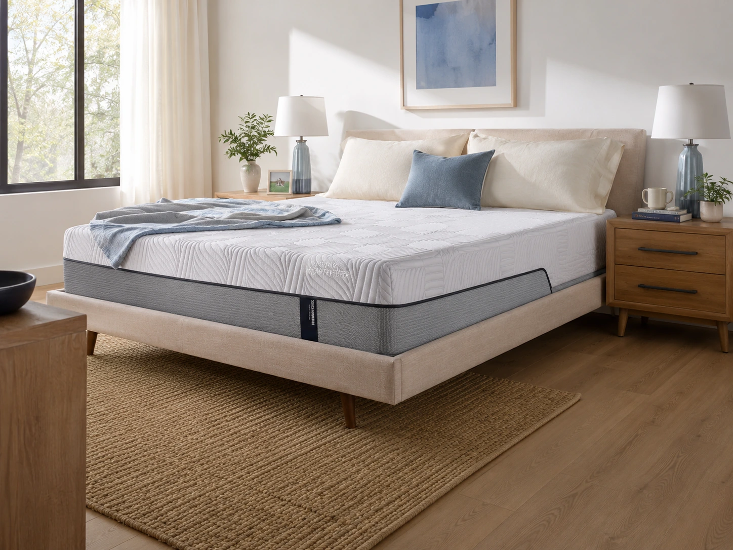 cooling mattress in a bright bedroom with breathable bedding