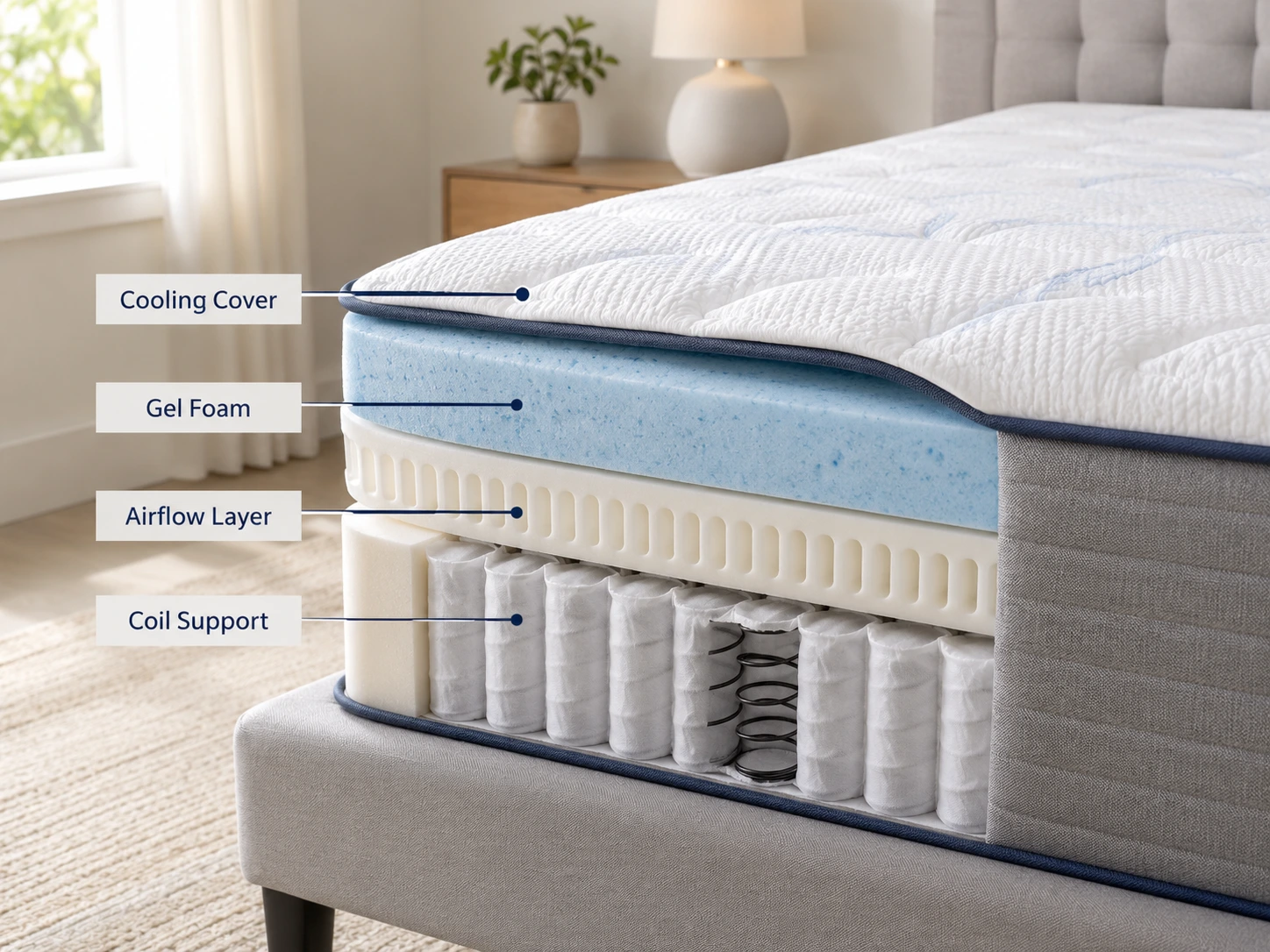 mattress layer cutaway showing cooling cover, gel foam, airflow layer, and coil support.