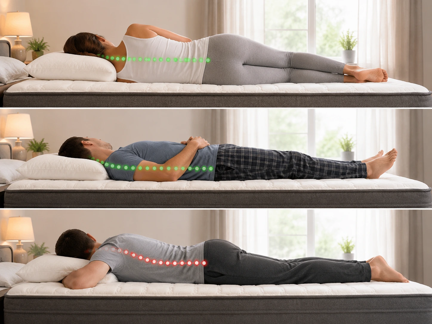mattress spine alignment comparison for side, back, and stomach sleepers.