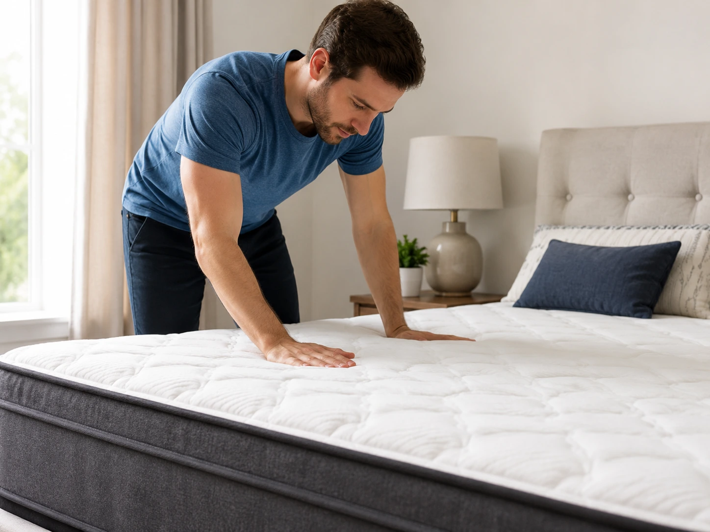 person testing mattress firmness in a bright bedroom