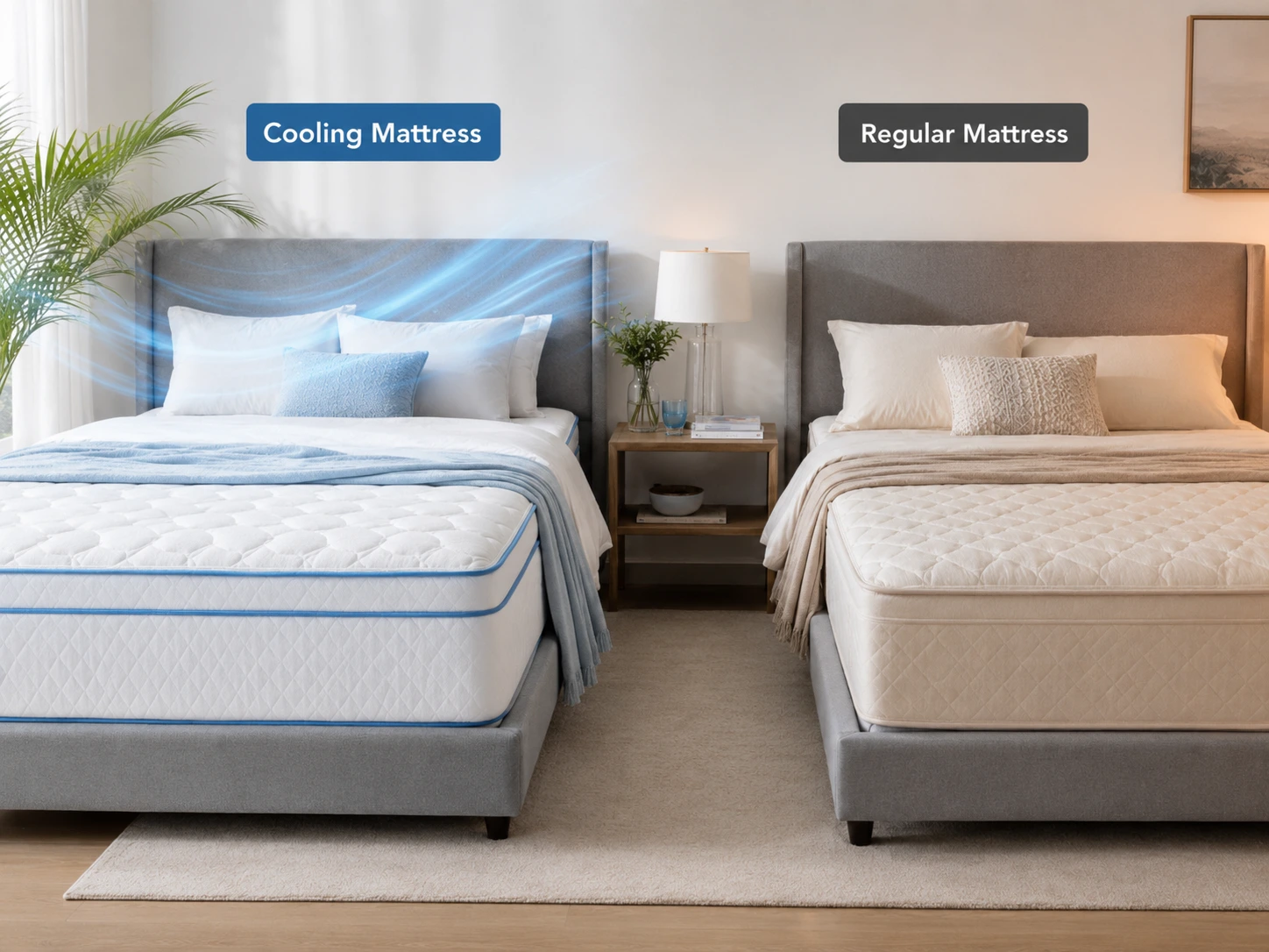 side-by-side cooling mattress and regular mattress comparison for hot sleepers.
