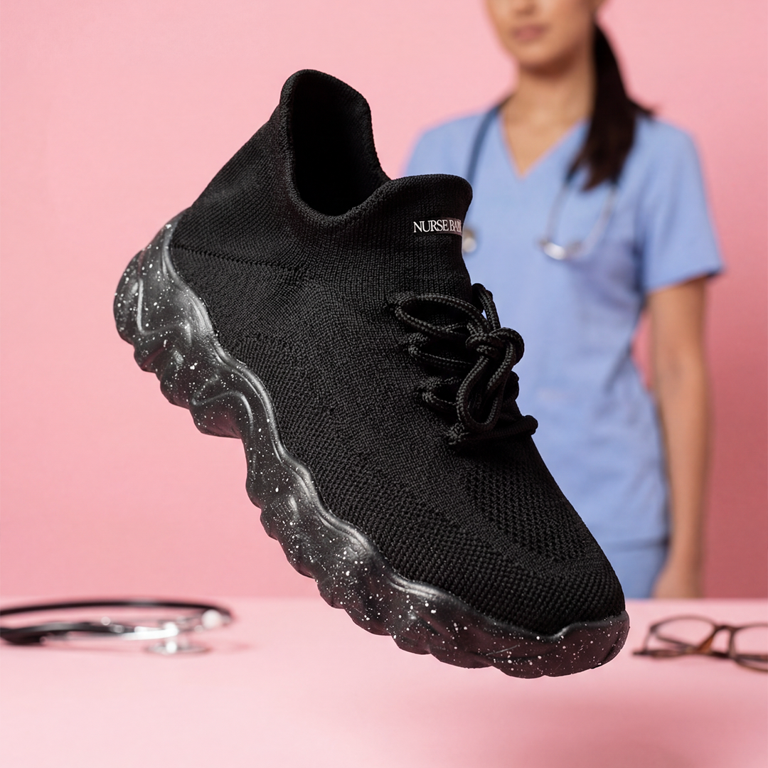 Nurse Babes Ortho Pro black work shoe official product image with nurse in scrubs