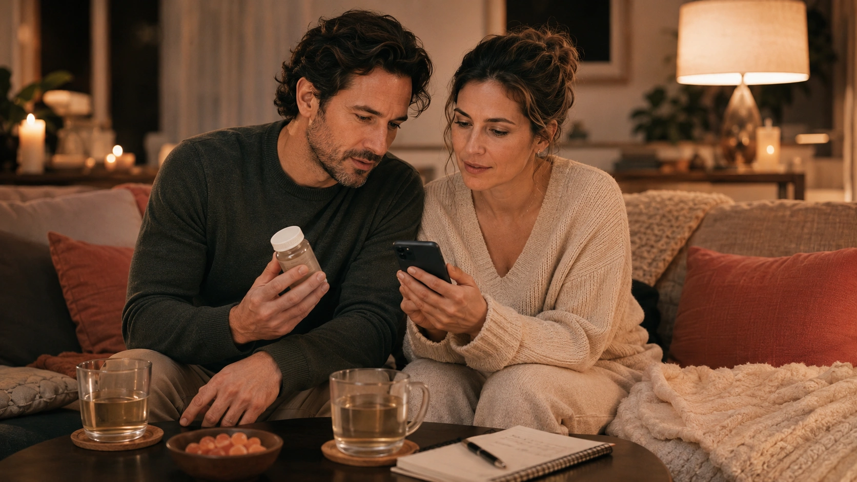 Adult wellness routine scene with a phone, notebook, water glass, and supplement label checklist on a warm desk