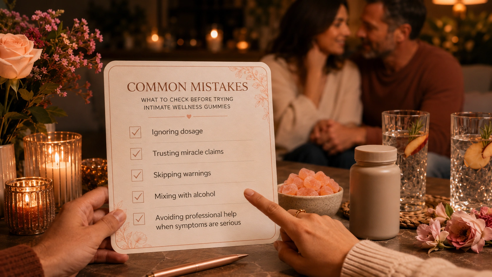 Checklist visual showing common mistakes to avoid before trying intimate wellness gummies