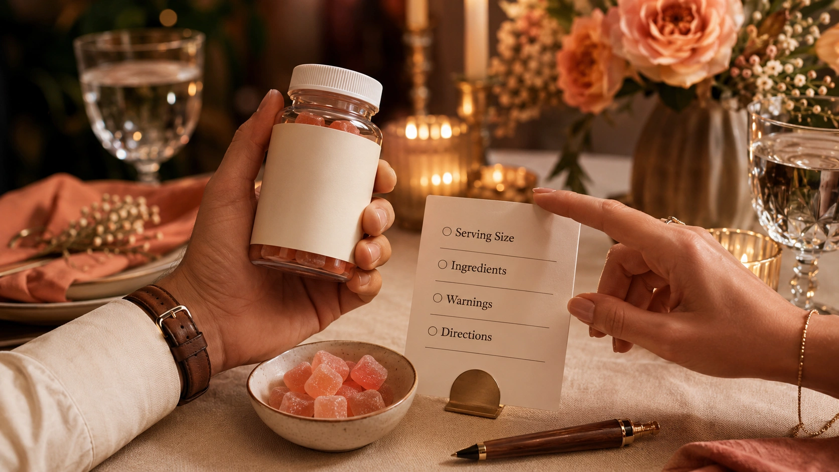 Close-up educational visual of a supplement facts label, serving size, ingredients, and warning section