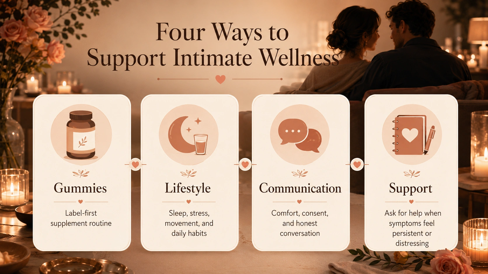 Comparison visual showing intimate wellness gummies, lifestyle habits, relationship communication, and professional support