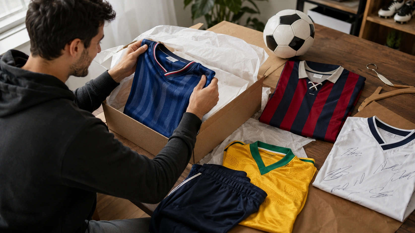 Different mystery football shirt boxes compared on a clean table with soccer jerseys
