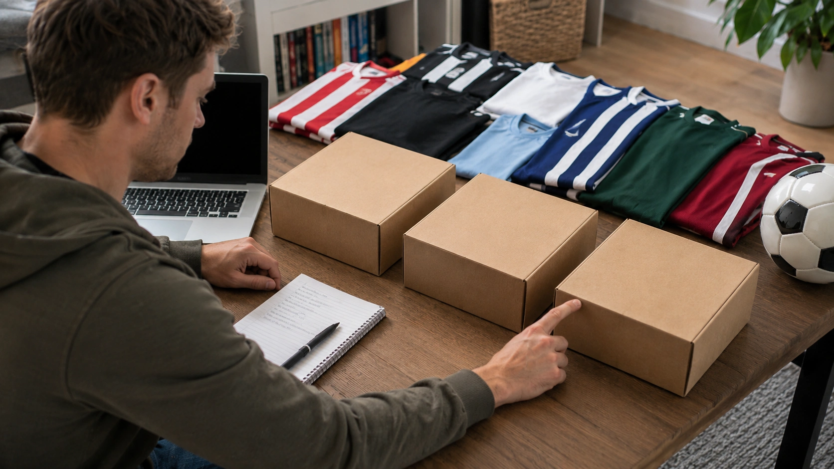 Football fan choosing between different mystery football shirt boxes before ordering