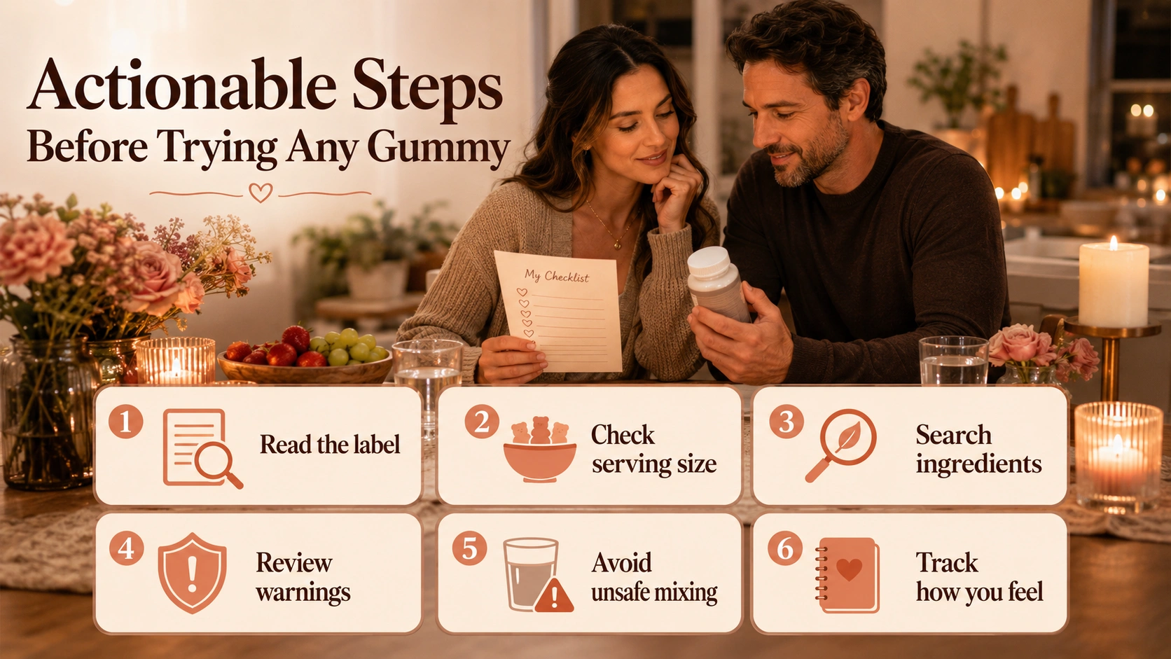 Step-by-step visual checklist for reading supplement labels before trying intimate wellness gummies