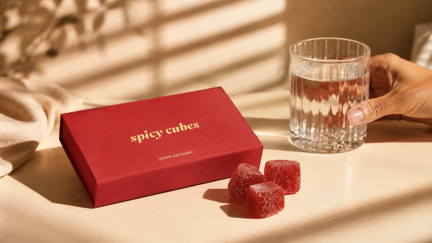 Tasteful romantic date night setting with wellness gummies and a water glass