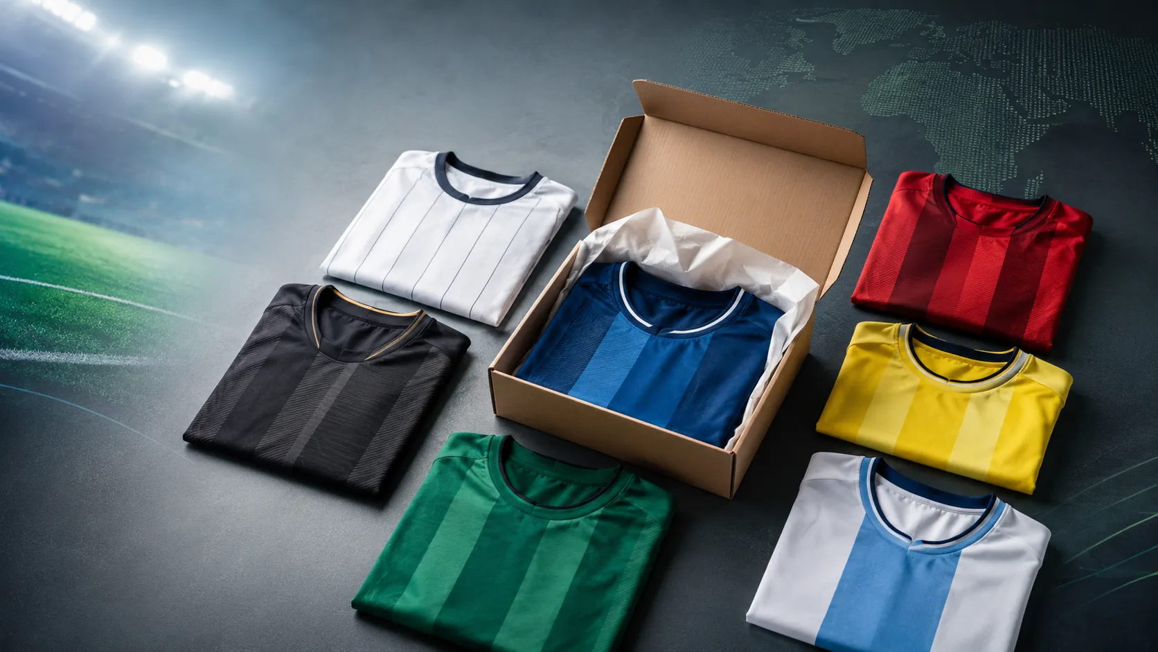 World Cup mystery football shirts guide with folded soccer jerseys