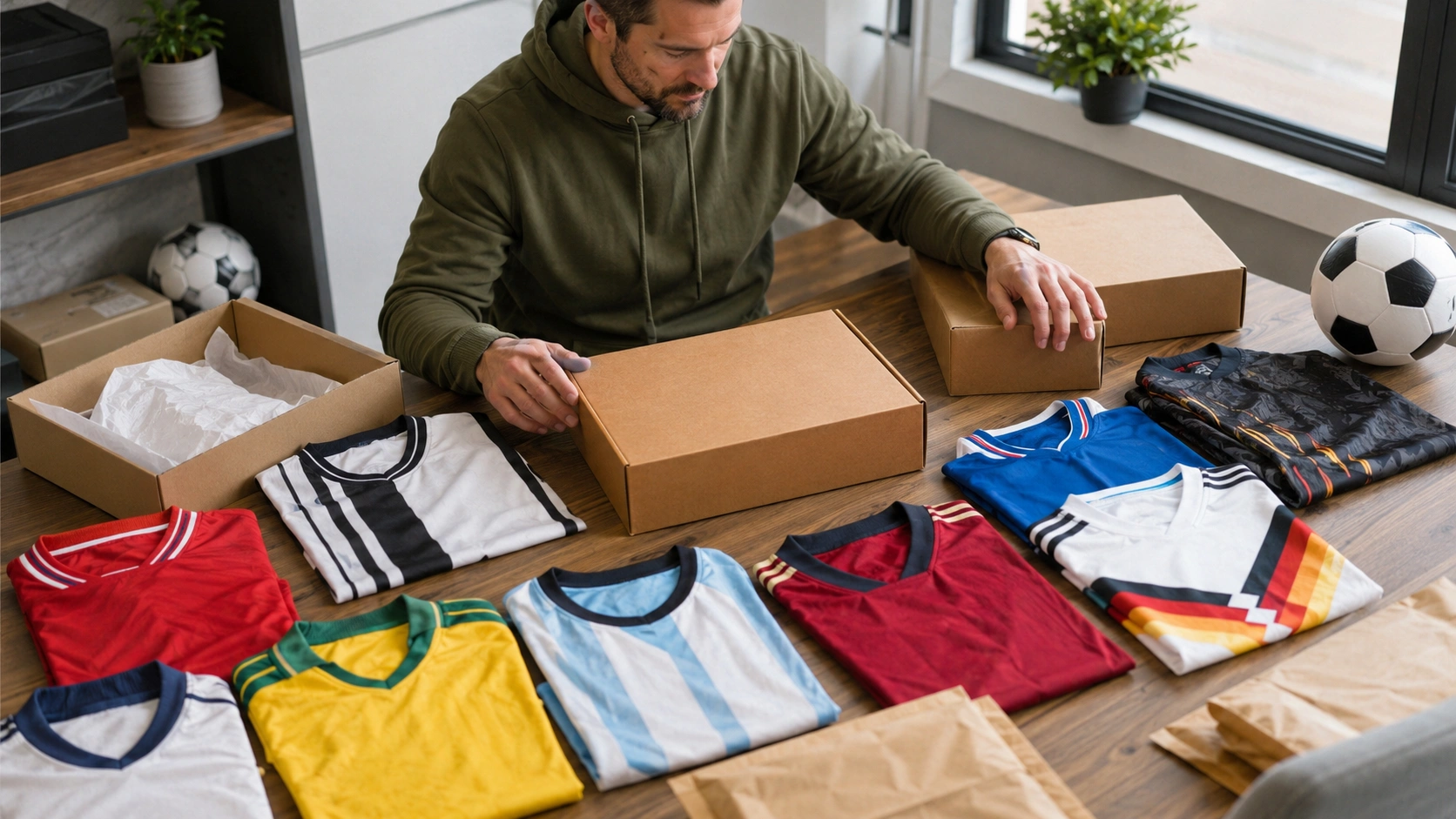 Mystery football shirt boxes and authentic soccer jerseys arranged for brand comparison
