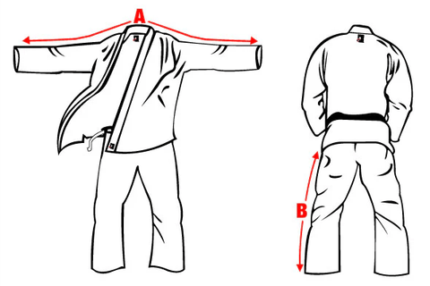 FUJI gi measurement diagram showing sleeve-to-sleeve measurement A and pant outseam measurement B