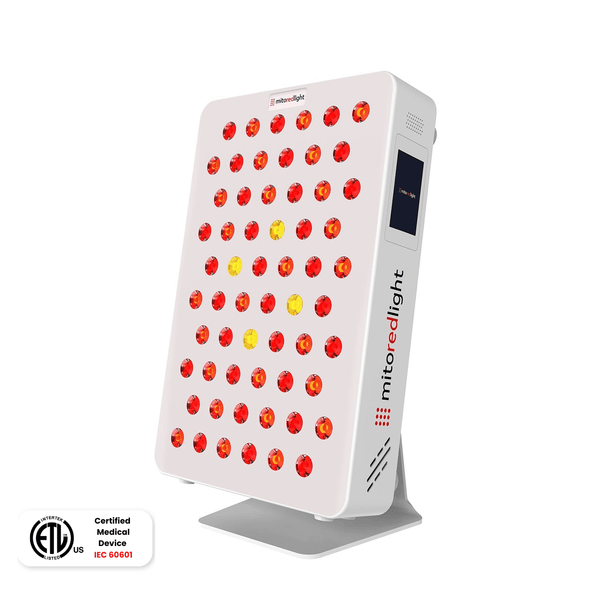 MitoPRO X tabletop red light therapy panel with illuminated LEDs