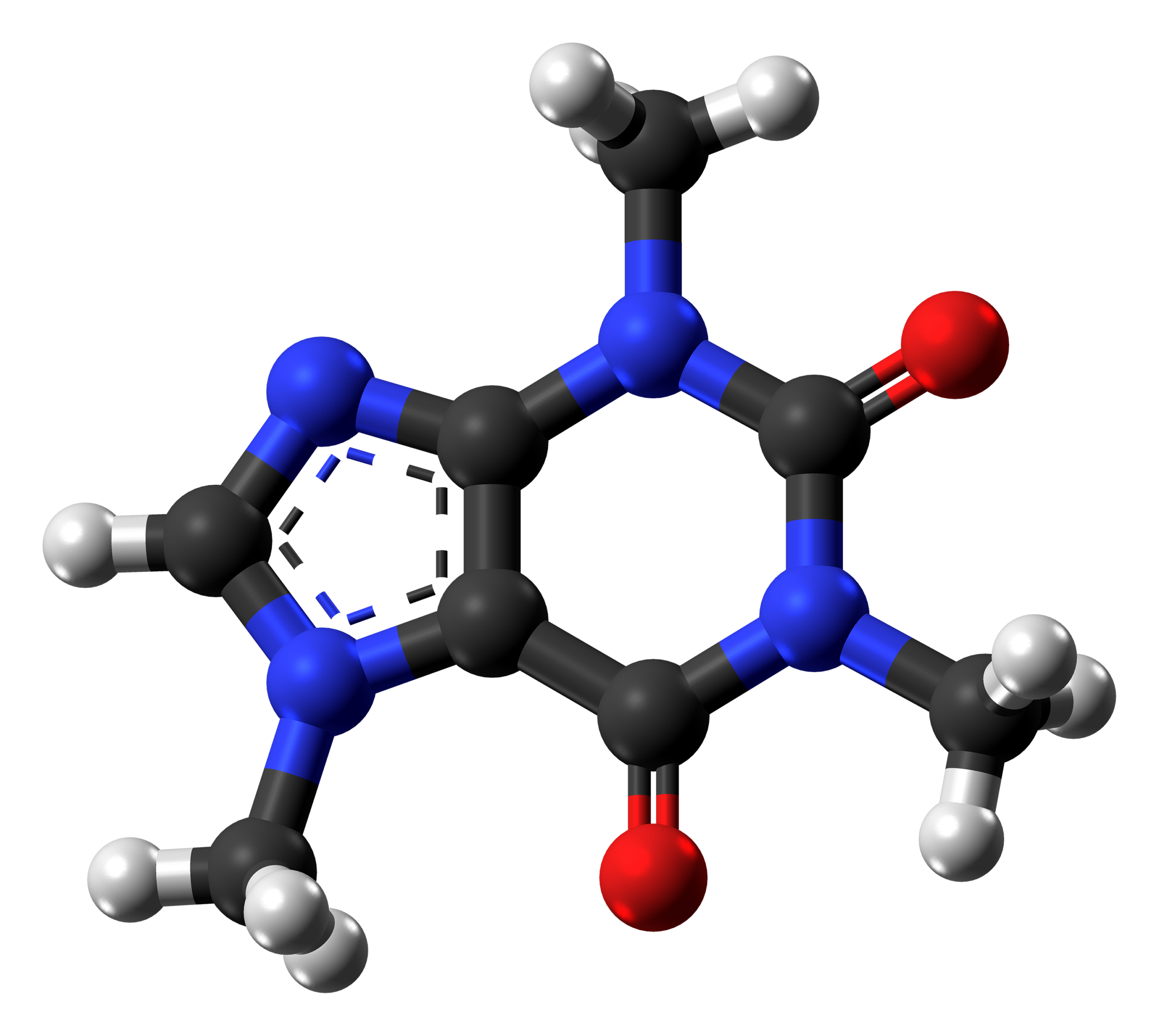 Ball-and-stick model of a caffeine molecule