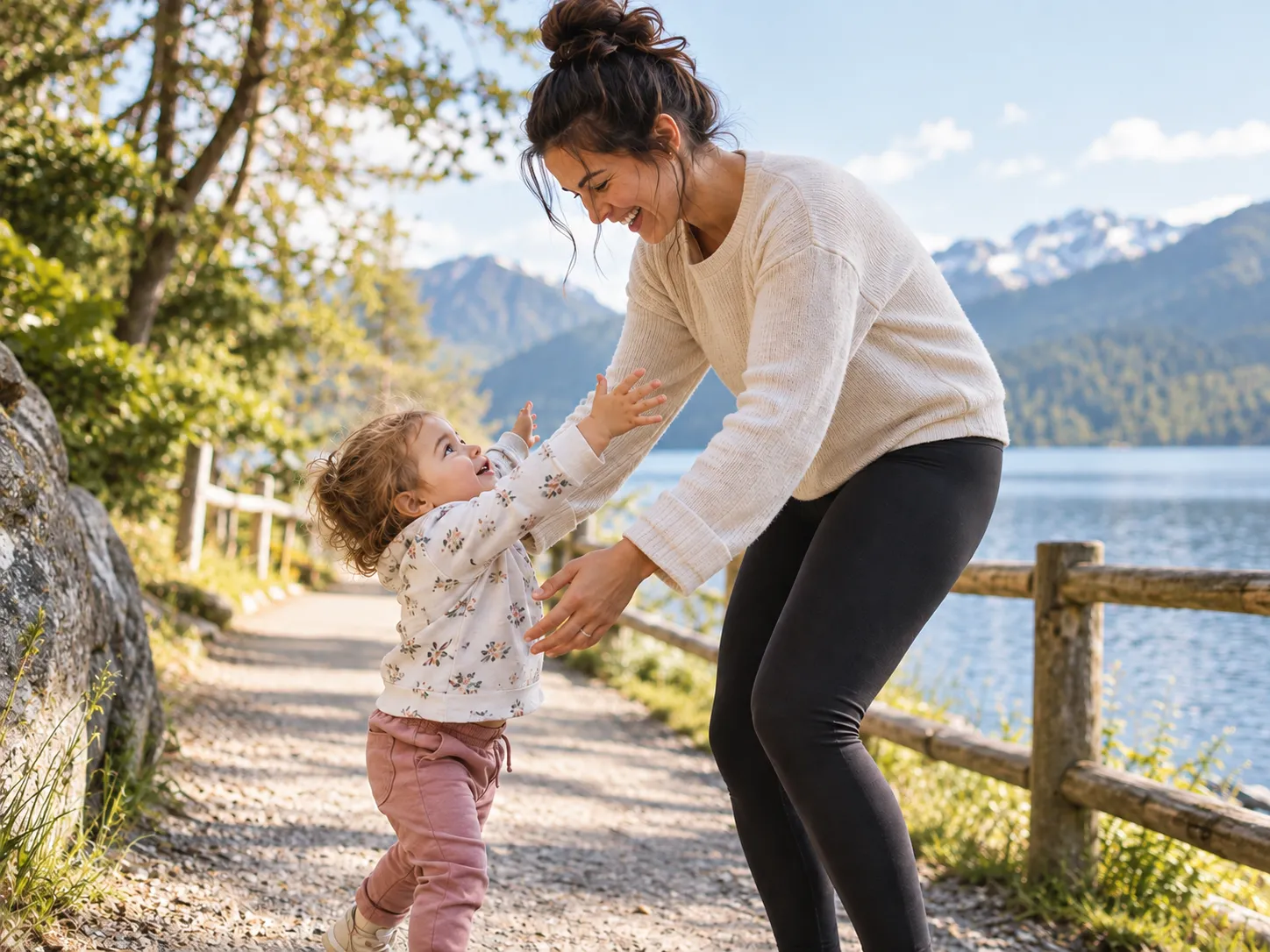 Parent carrying a toddler in a hip sling for short carries