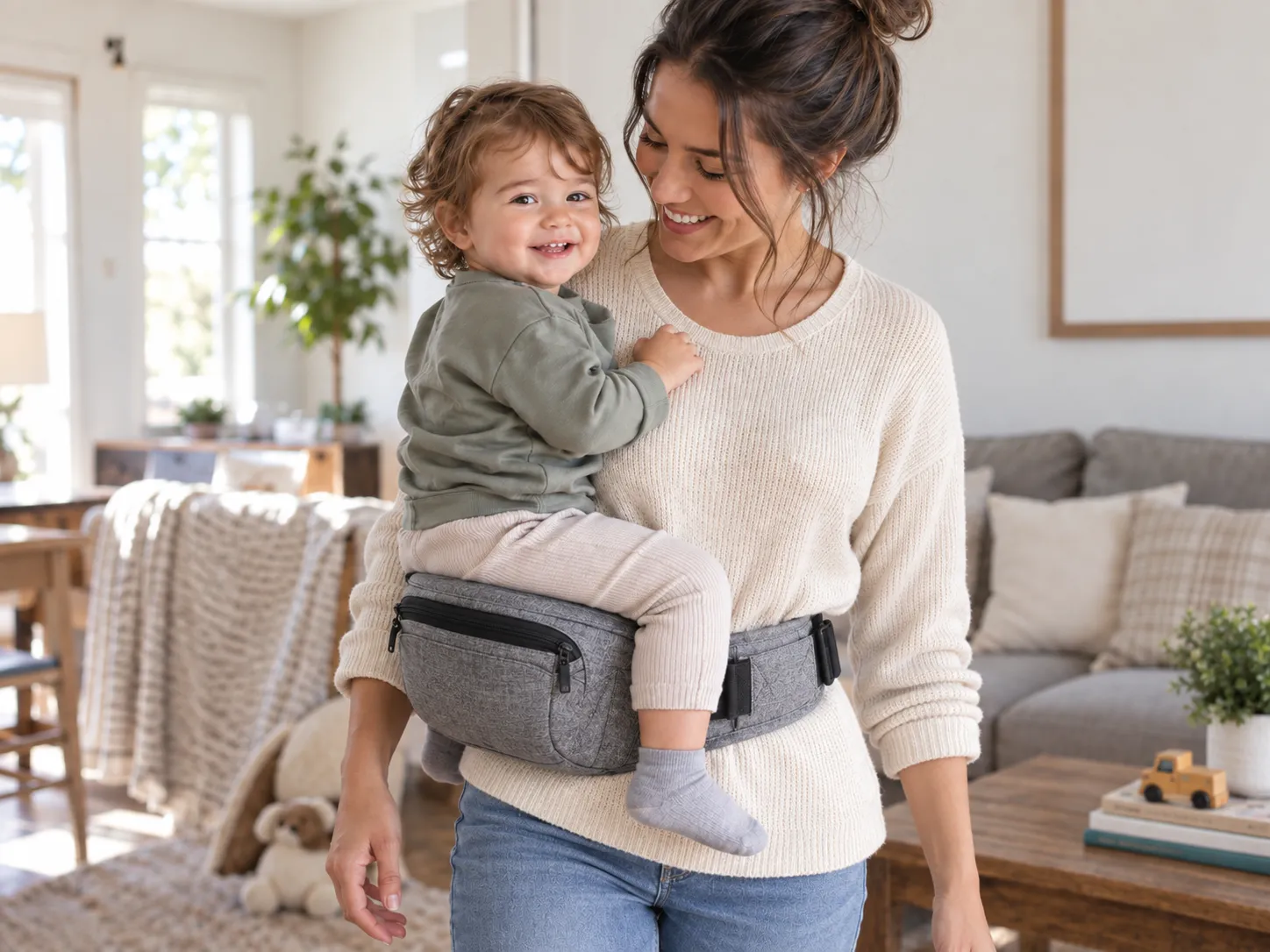 Parent carrying a toddler on a hip seat carrier