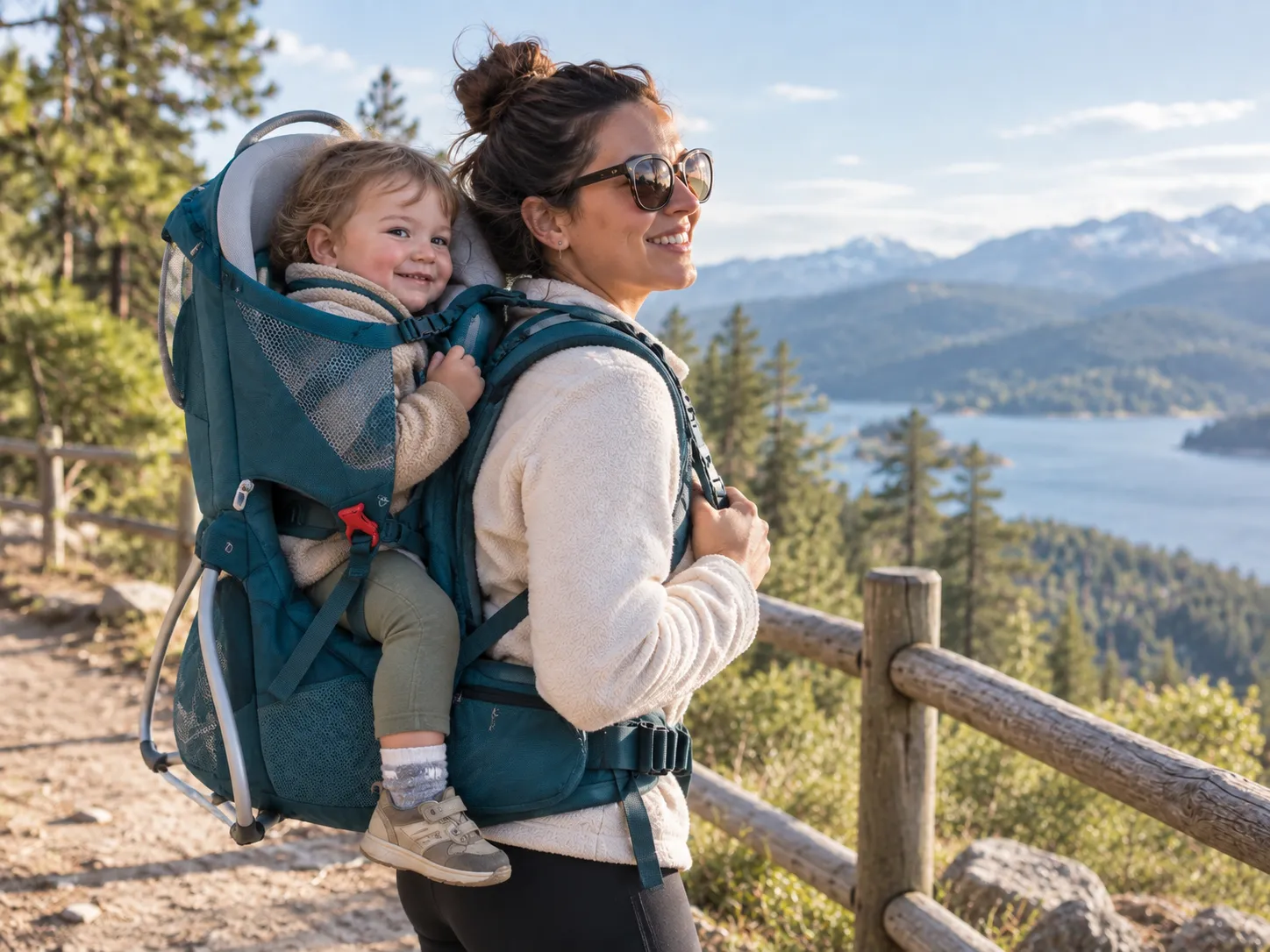 Parent carrying a toddler in a structured carrier for longer walks