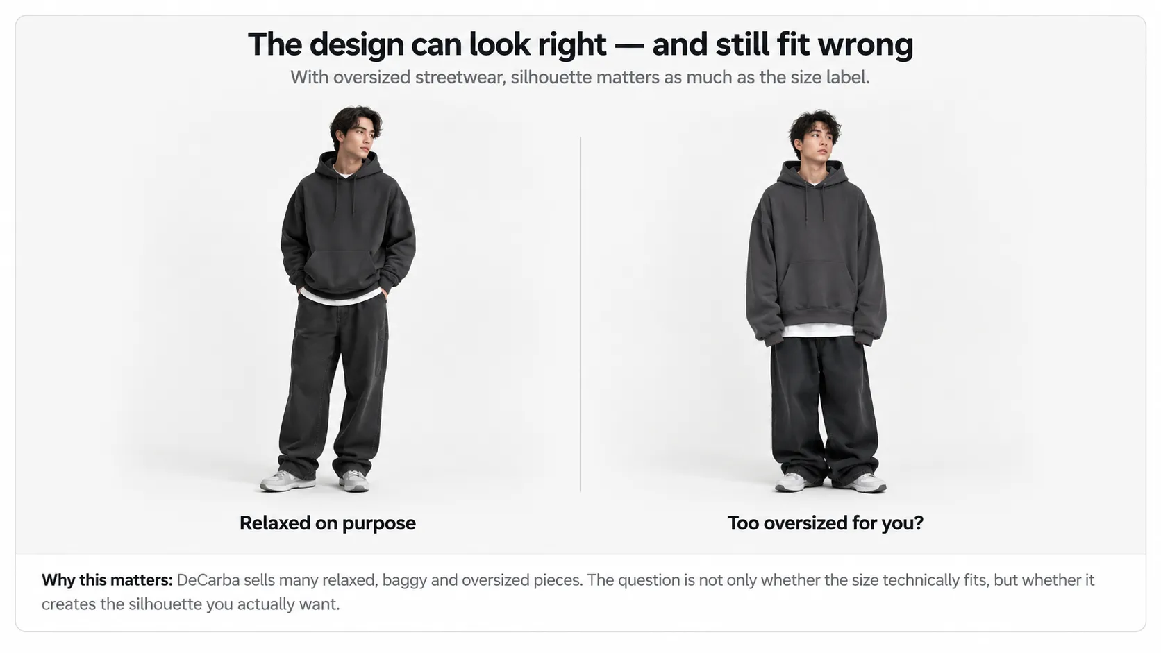 Comparison showing a balanced oversized streetwear fit and a fit that is too oversized