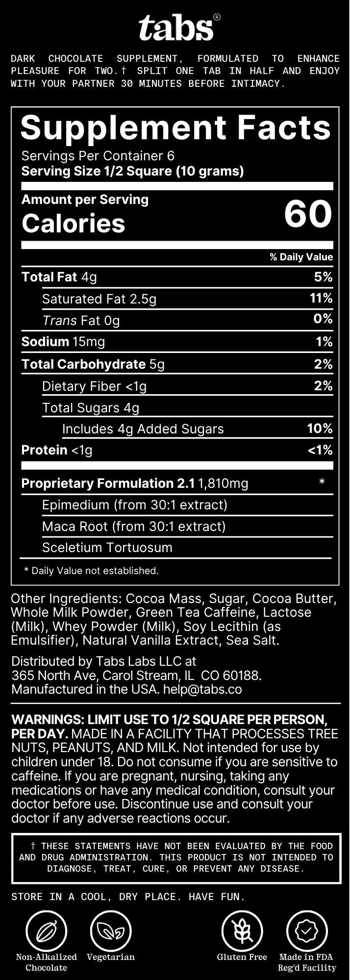 Tabs Dark Sex Chocolate current product label