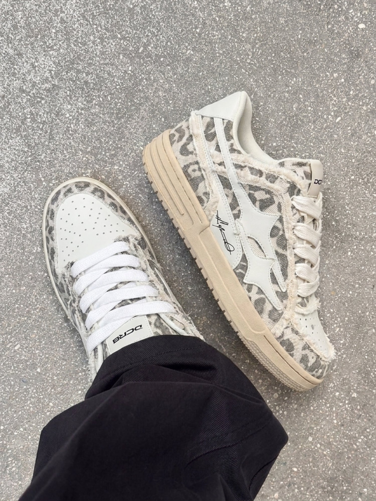 DCRB Bone Leopard Sneakers worn on foot