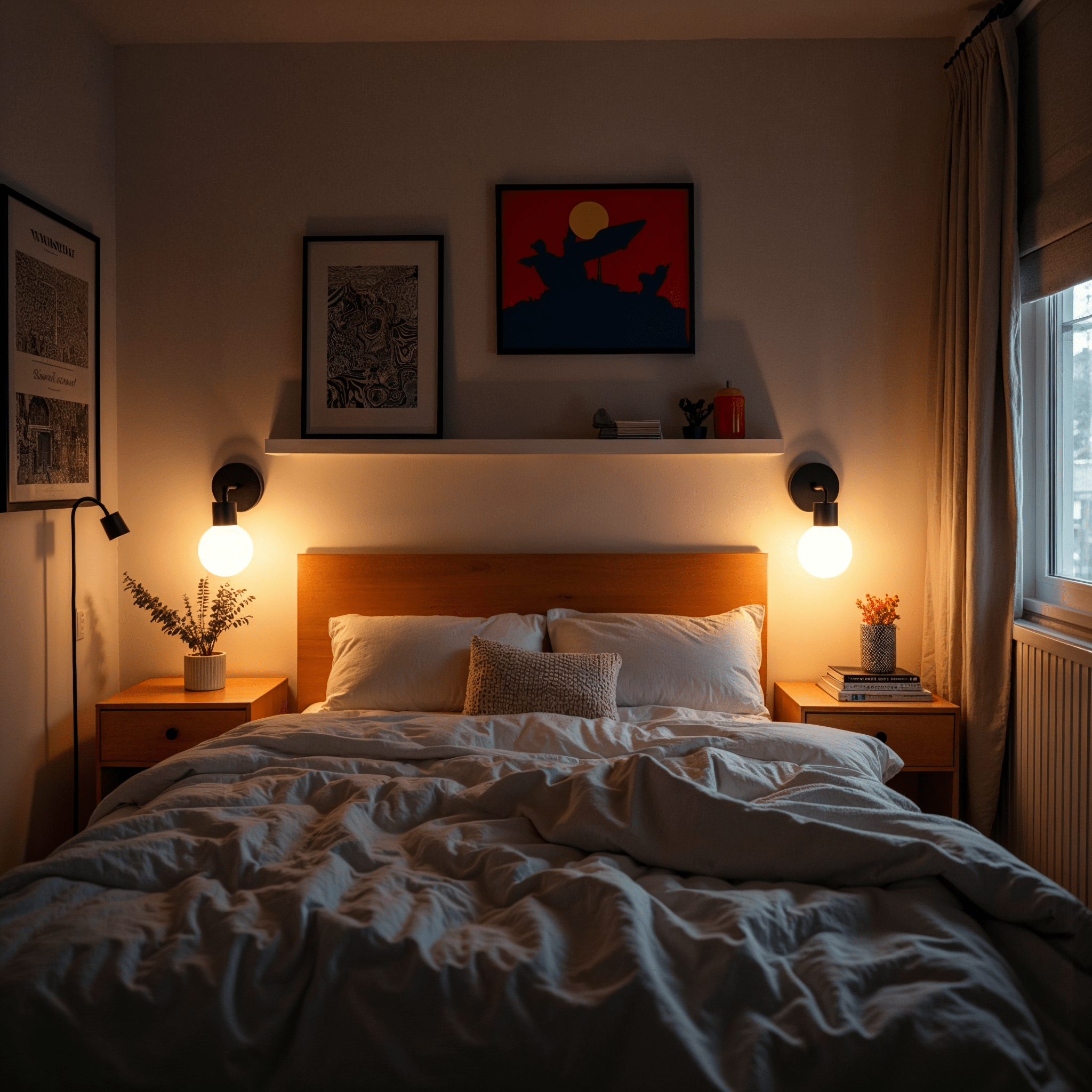 Two matte black Poplight wall sconces used beside a bed