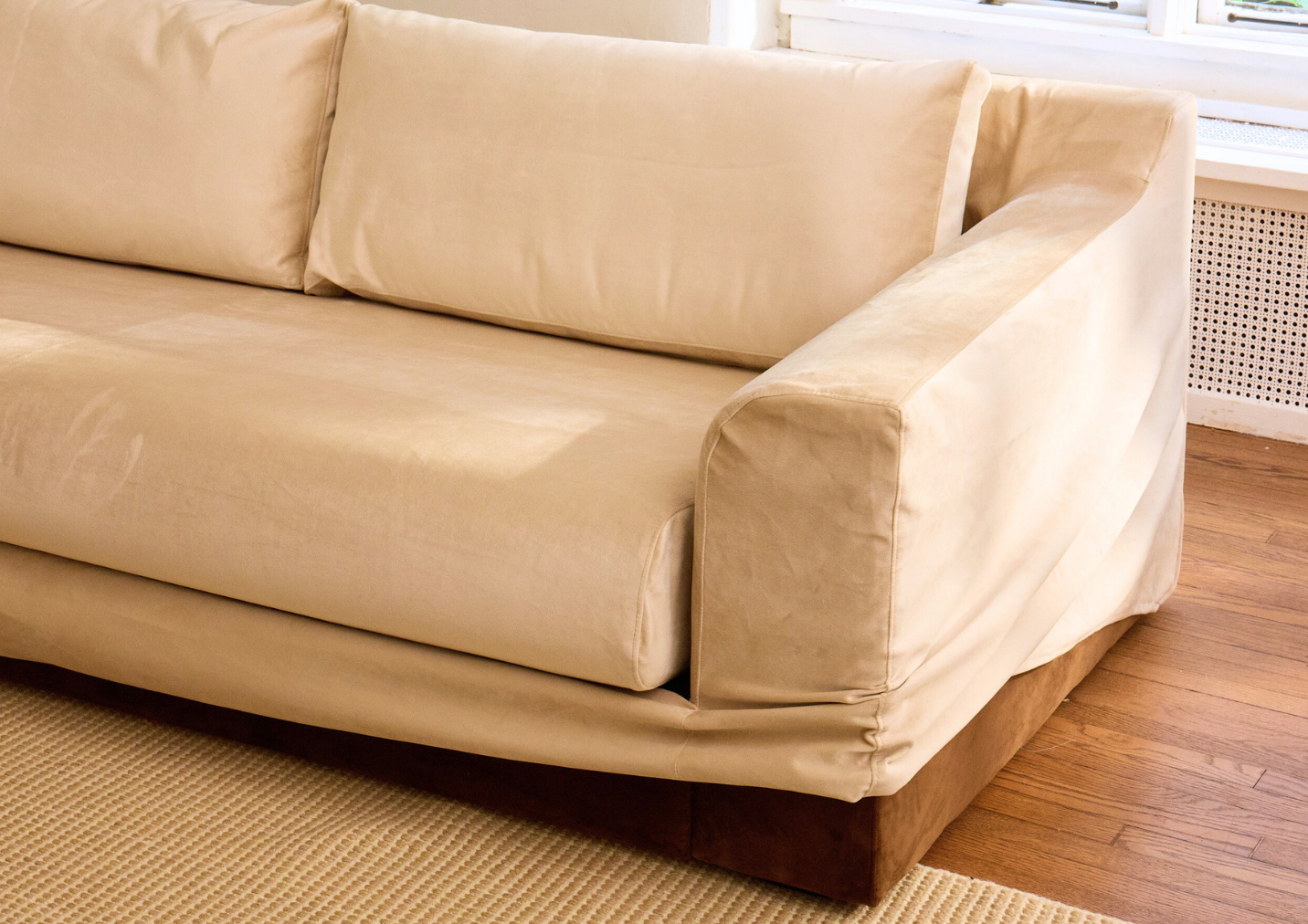 Close-up view of a removable Sabai sofa slipcover