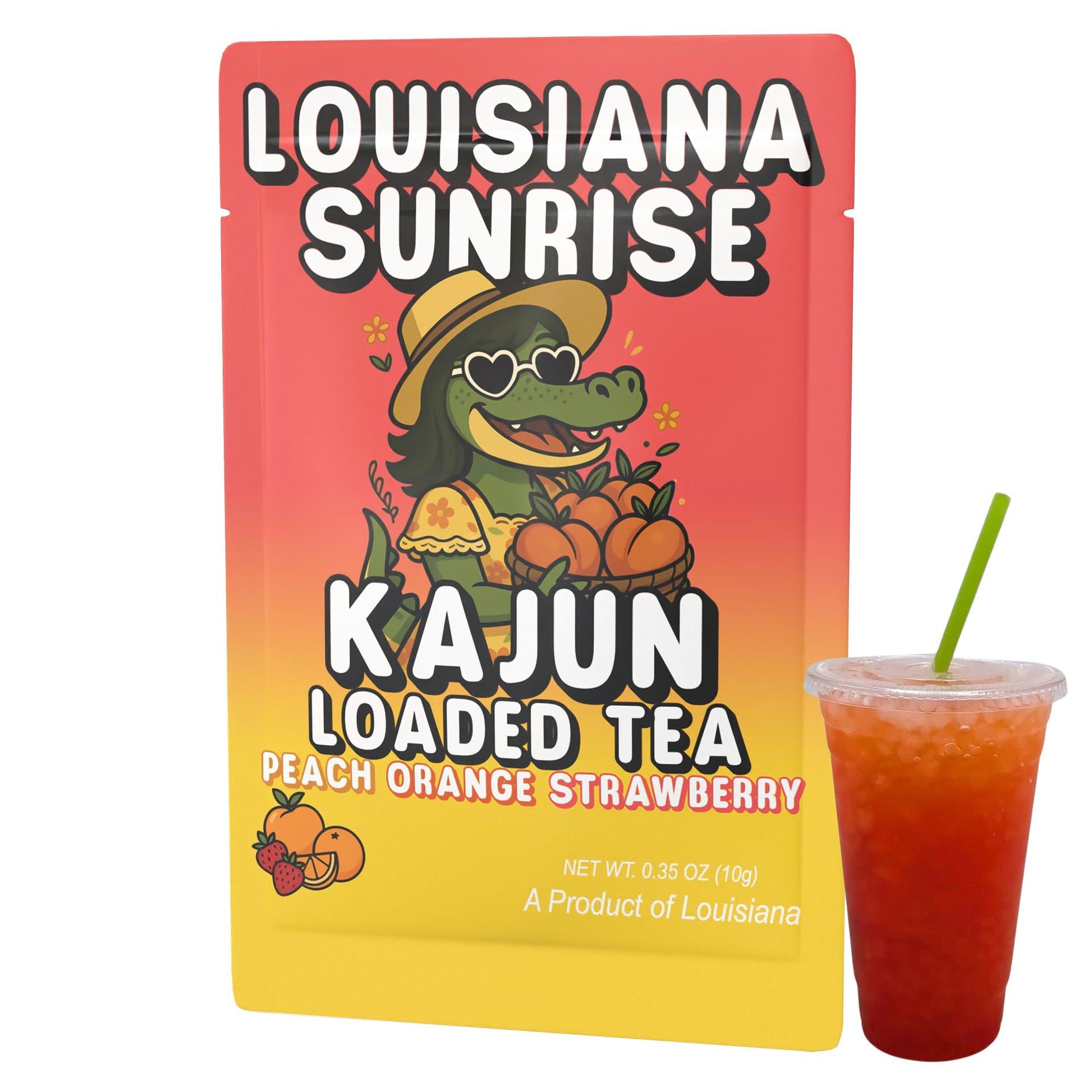 Kajun Loaded Tea packet shown with a prepared iced drink