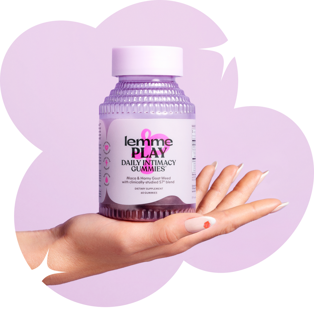 Lemme Play Daily Intimacy Gummies bottle held in a hand