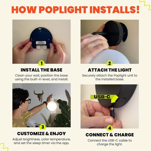 Poplight wall sconce installation steps showing the mounting base and charging